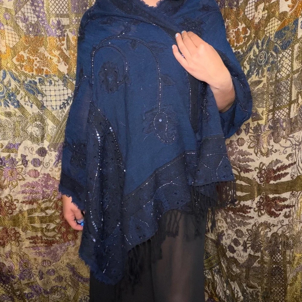 Whimsigoth Blue Black Beaded Sequin Floral Goth Fairy Fringe Scarf/Shawl
